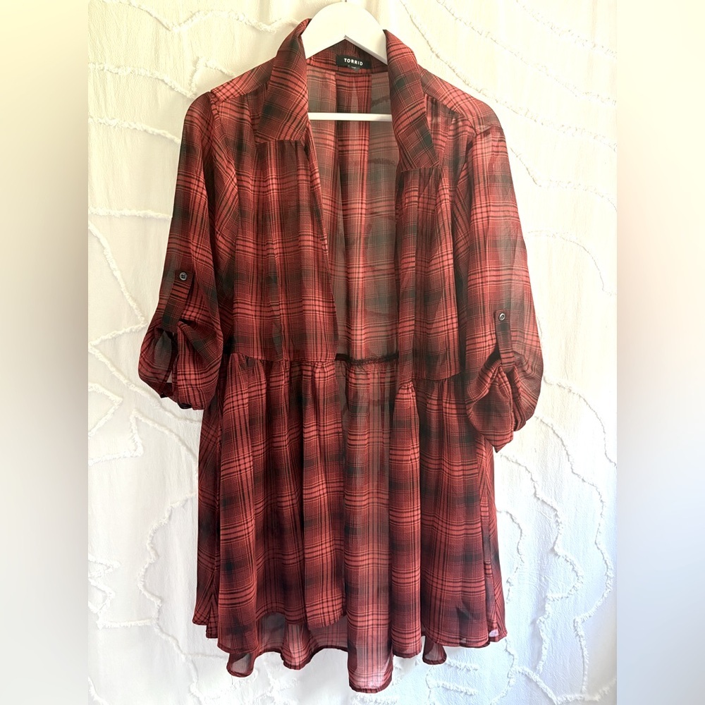 Torrid Red Plaid Sheer Peplum Tunic